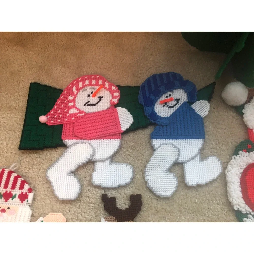 Plastic Canvas Needlepoint Christmas Crafts Handmade Finished Pieces Lot Of 16